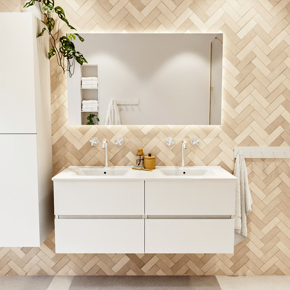 MONDIAZ VICA 120cm mueble de baño Talc 4 cajones. Lavabo DENIA Doble 2 orificios, color Blanco brillo. 2 color Blanco brillo.