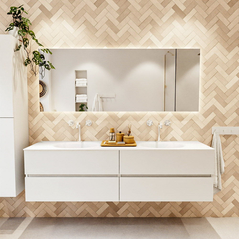 MONDIAZ VICA 180cm mueble de baño Talc 4 cajones. Lavabo MOON Doble 2 orificios, color Talc. 2 color Talc.