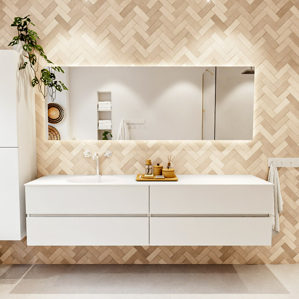 MONDIAZ VICA 200cm mueble de baño Talc 4 cajones. Lavabo MOON Izquierda 1 orificio, color Talc. 2 color Talc.