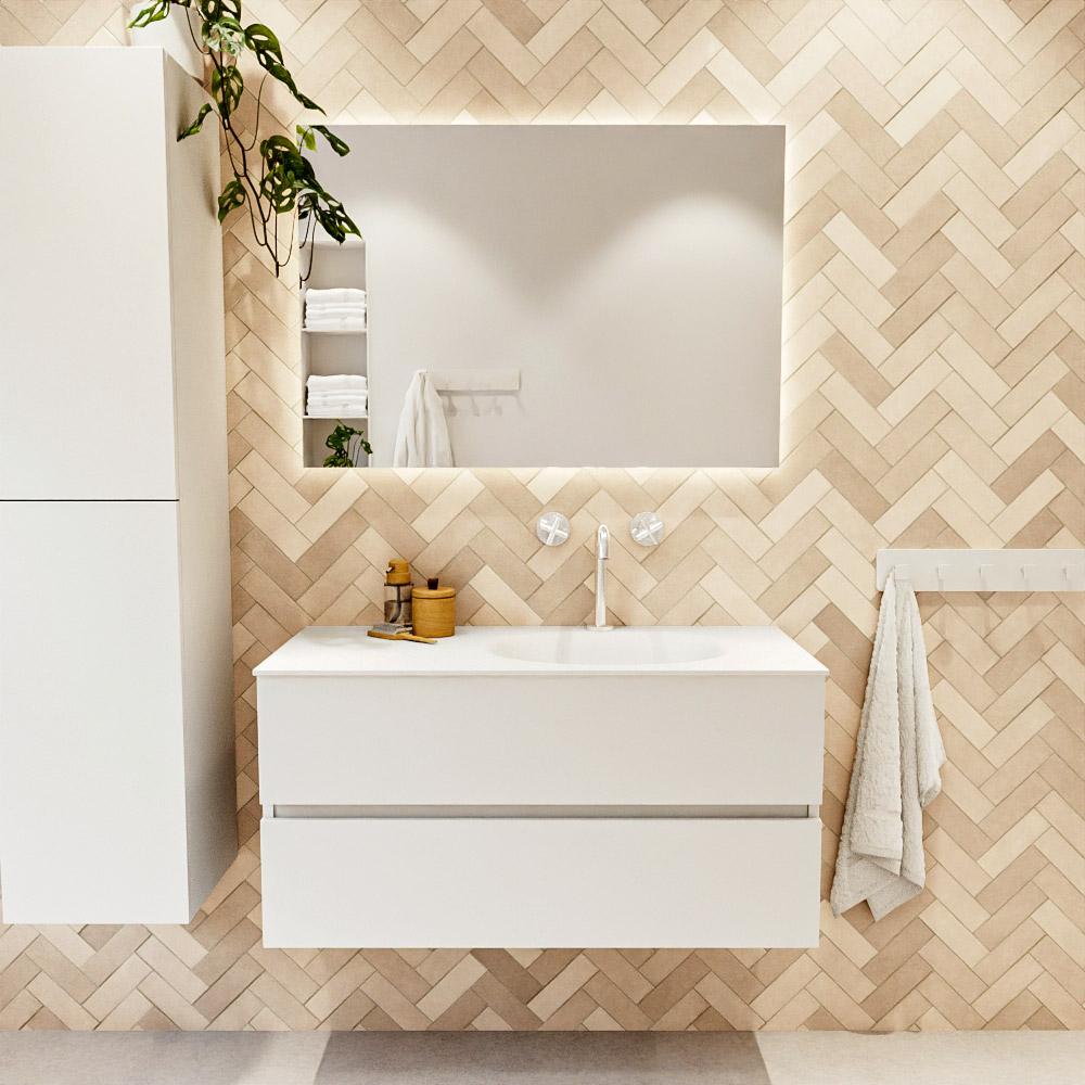 MONDIAZ VICA 100cm mueble de baño Talc 2 cajones. Lavabo MOON Derecho 1 orificio color Talc con espejo LED. 2 MONDIAZ VICA 100cm mueble de baño Talc 2 cajones. Lavabo MOON Derecho 1 orificio color Talc con espejo LED. - Imagen 2
