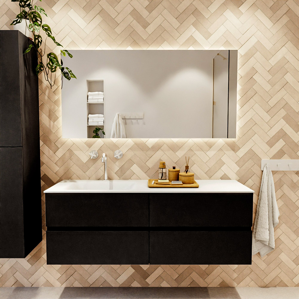 MONDIAZ VICA 140cm mueble de baño Urban 4 cajones. Lavabo CLOUD Izquierda 1 orificio, color Talc. 1 MONDIAZ VICA 140cm mueble de baño Urban 4 cajones. Lavabo CLOUD Izquierda 1 orificio