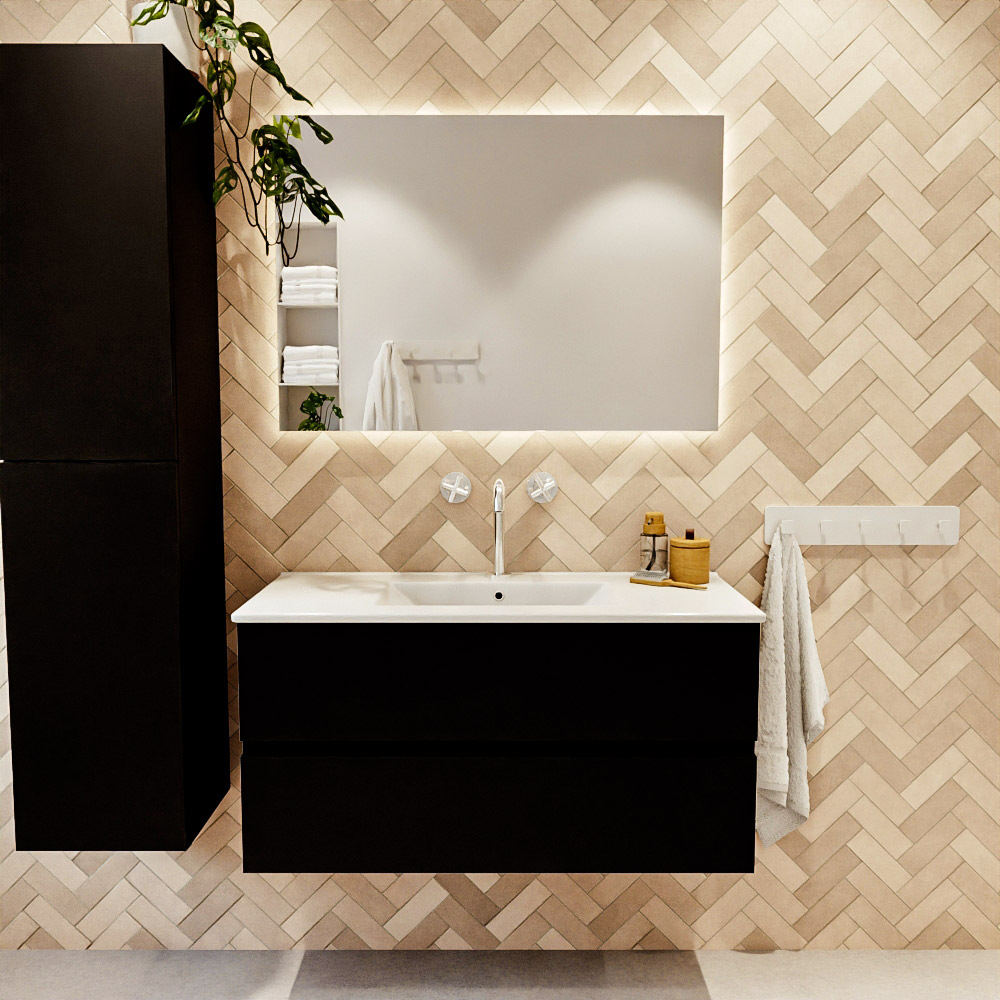 MONDIAZ VICA 100cm mueble de baño Urban 2 cajones. Lavabo DENIA Centro 1 orificio, color Blanco brillo. 2 color Blanco brillo.