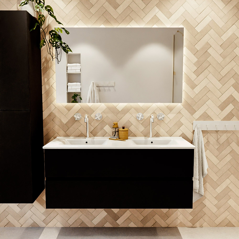 MONDIAZ VICA 120cm mueble de baño Urban 2 cajones. Lavabo DENIA Doble 2 orificios, color Blanco brillo. 2 color Blanco brillo.