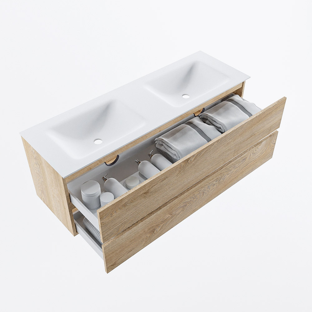 MONDIAZ VICA 140cm mueble de baño Washed Oak 2 cajones. Lavabo CLOUD Doble 2 orificios, color Talc. 7 MONDIAZ VICA 140cm mueble de baño Washed Oak 2 cajones. Lavabo CLOUD Doble 2 orificios, color Talc. - Imagen 7