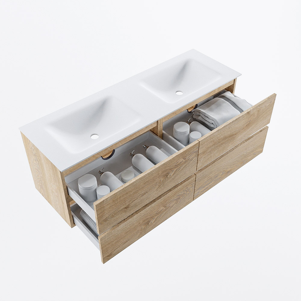 MONDIAZ VICA 140cm mueble de baño Washed Oak 4 cajones. Lavabo CLOUD Doble 2 orificios, color Talc. 7 MONDIAZ VICA 140cm mueble de baño Washed Oak 4 cajones. Lavabo CLOUD Doble 2 orificios, color Talc. - Imagen 7