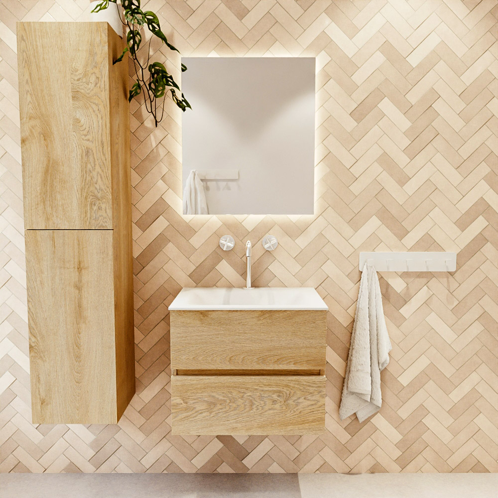MONDIAZ VICA 60cm mueble de baño Washed Oak 2 cajones. Lavabo CLOUD Centro 1 orificio, color Talc. 2 color Talc.