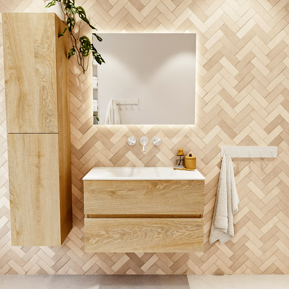 MONDIAZ VICA 80cm mueble de baño Washed Oak 2 cajones. Lavabo CLOUD Centro sin orificio, color Talc. 2 color Talc.