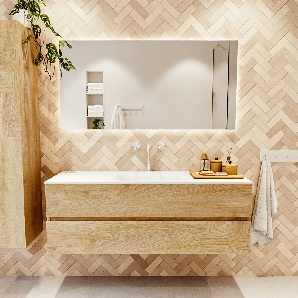 MONDIAZ VICA 140cm mueble de baño Washed Oak 2 cajones. Lavabo CLOUD Centro 1 orificio, color Talc. 2 color Talc.