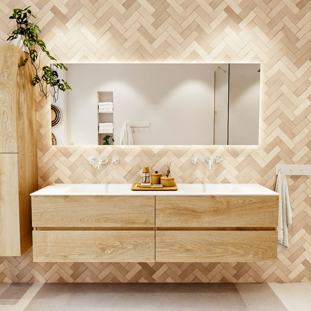 MONDIAZ VICA 180cm mueble de baño Washed Oak 4 cajones. Lavabo CLOUD Doble sin orificio, color Talc. 2 color Talc.