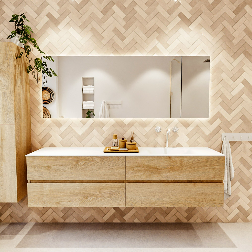 MONDIAZ VICA 190cm mueble de baño Washed Oak 4 cajones. Lavabo CLOUD Derecho 1 orificio, color Talc. 2 color Talc.