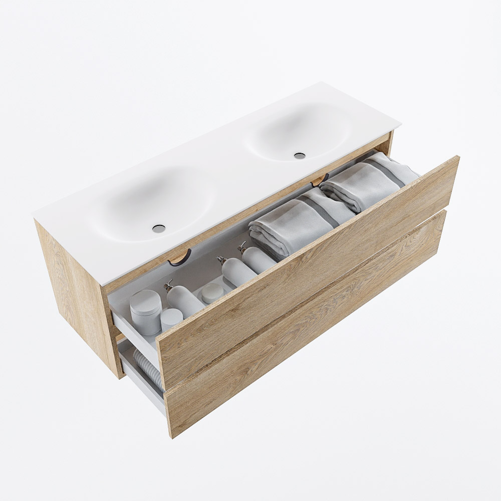 MONDIAZ VICA 140cm mueble de baño Washed Oak 2 cajones. Lavabo MOON Doble sin orificio, color Talc. 7 MONDIAZ VICA 140cm mueble de baño Washed Oak 2 cajones. Lavabo MOON Doble sin orificio, color Talc. - Imagen 7