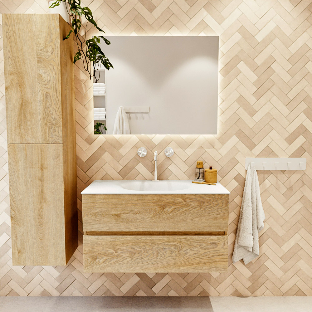 MONDIAZ VICA 90cm mueble de baño Washed Oak 2 cajones. Lavabo MOON Centro 1 orificio, color Talc. 2 color Talc.