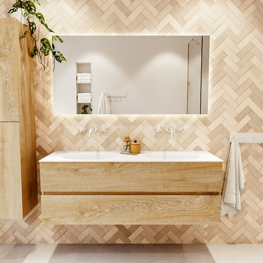 MONDIAZ VICA 140cm mueble de baño Washed Oak 2 cajones. Lavabo MOON Doble sin orificio, color Talc. 2 color Talc.