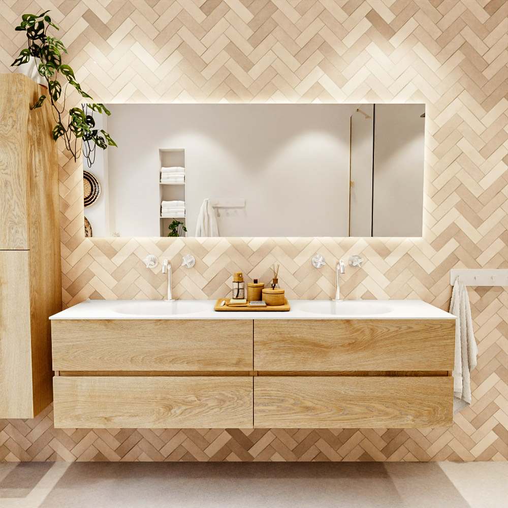MONDIAZ VICA 180cm mueble de baño Washed Oak 4 cajones. Lavabo MOON Doble 2 orificios, color Talc. 2 color Talc.