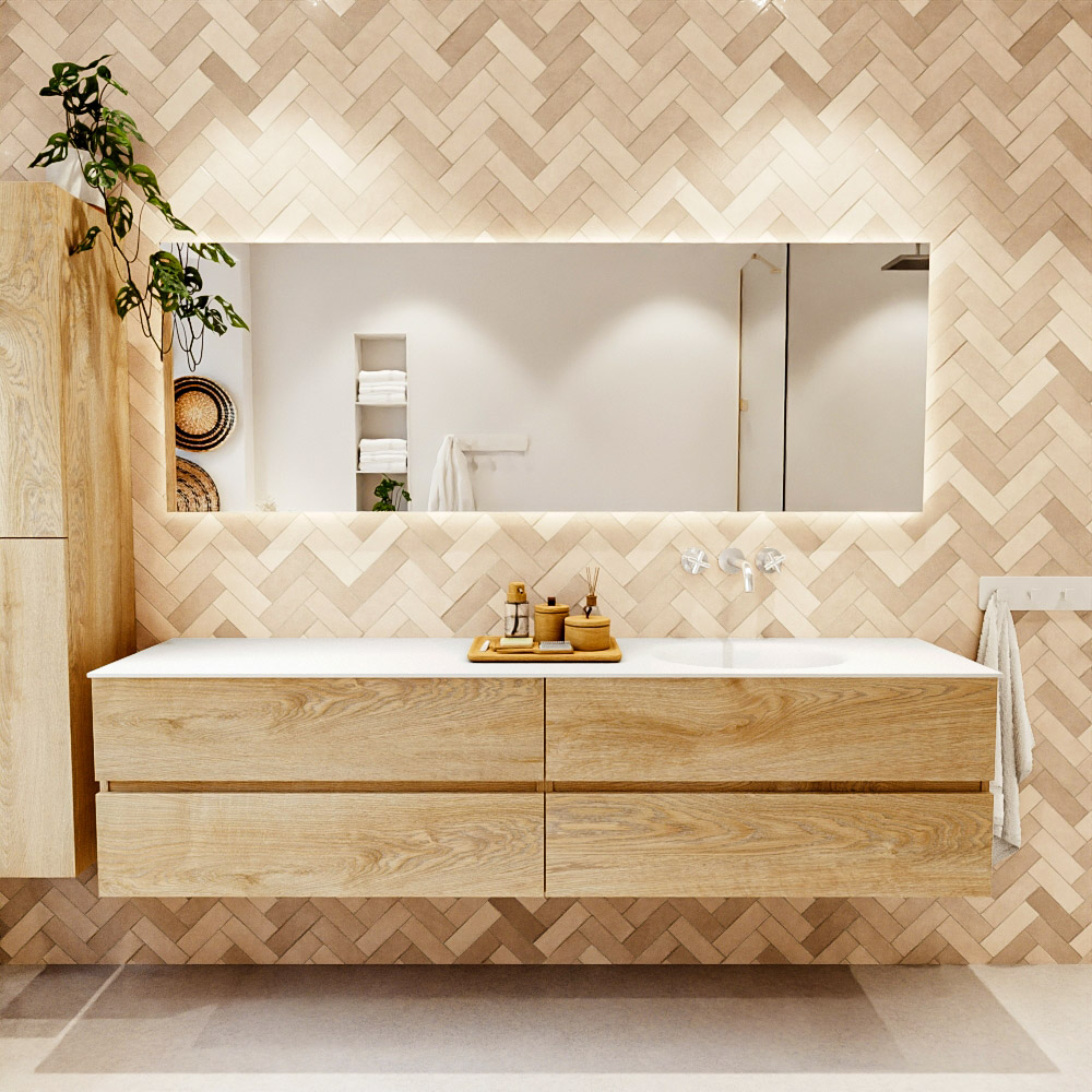 MONDIAZ VICA 200cm mueble de baño Washed Oak 4 cajones. Lavabo MOON Derecho sin orificio, color Talc. 2 color Talc.