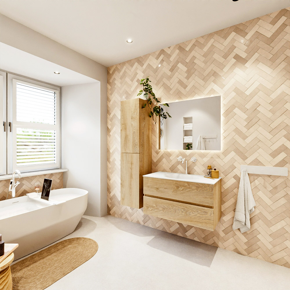 MONDIAZ VICA 90cm mueble de baño Washed Oak 2 cajones. Lavabo MOON Centro 1 orificio, color Talc. 4 MONDIAZ VICA 90cm mueble de baño Washed Oak 2 cajones. Lavabo MOON Centro 1 orificio, color Talc. - Imagen 4