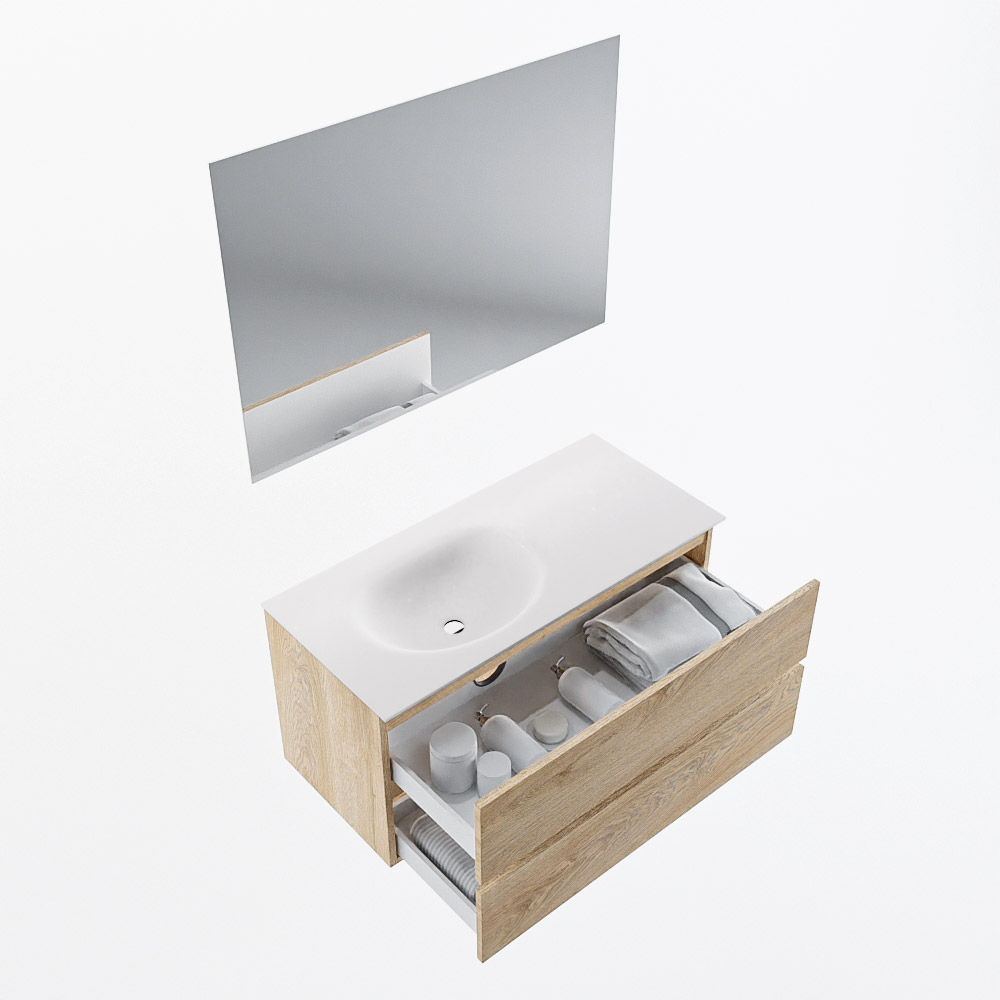 MONDIAZ VICA 100cm mueble de baño Washed Oak 2 cajones. Lavabo MOON Izquierda 1 orificio color Talc con espejo LED. 6 MONDIAZ VICA 100cm mueble de baño Washed Oak 2 cajones. Lavabo MOON Izquierda 1 orificio color Talc con espejo LED. - Imagen 6