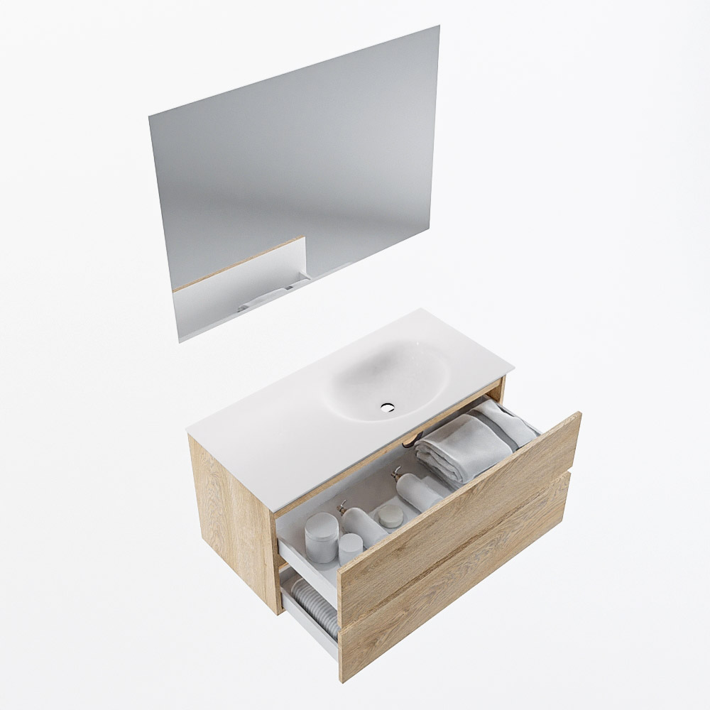 MONDIAZ VICA 100cm mueble de baño Washed Oak 2 cajones. Lavabo MOON Derecho sin orificio color Talc con espejo LED. 6 MONDIAZ VICA 100cm mueble de baño Washed Oak 2 cajones. Lavabo MOON Derecho sin orificio color Talc con espejo LED. - Imagen 6
