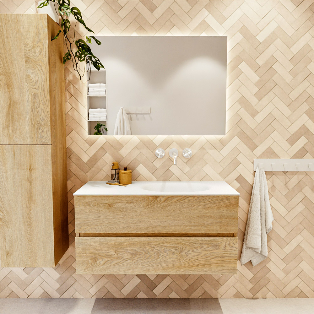 MONDIAZ VICA 100cm mueble de baño Washed Oak 2 cajones. Lavabo MOON Derecho sin orificio color Talc con espejo LED. 2 MONDIAZ VICA 100cm mueble de baño Washed Oak 2 cajones. Lavabo MOON Derecho sin orificio color Talc con espejo LED. - Imagen 2