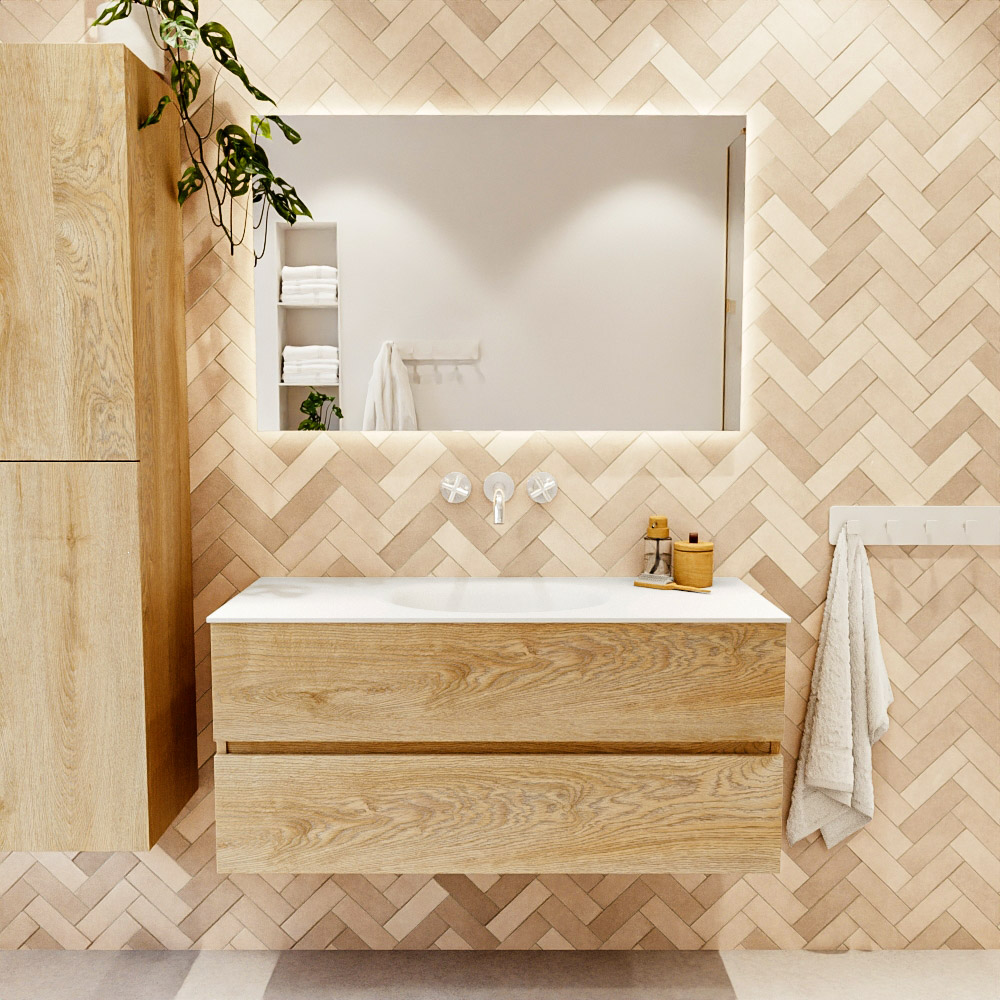 MONDIAZ VICA 110cm mueble de baño Washed Oak 2 cajones. Lavabo MOON Centro sin orificio color Talc con espejo LED. 2 MONDIAZ VICA 110cm mueble de baño Washed Oak 2 cajones. Lavabo MOON Centro sin orificio color Talc con espejo LED. - Imagen 2
