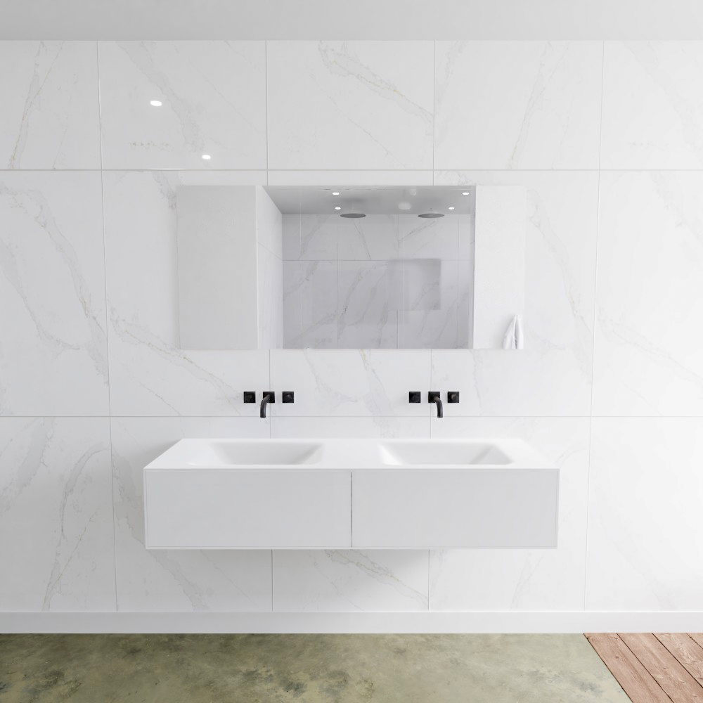 MONDIAZ LAGOM 150cm mueble de baño solid surface Talc 2 cajones lavabo CLOUD Doble sin orificio 2 MONDIAZ LAGOM 150cm mueble de baño solid surface Talc 2 cajones lavabo CLOUD Doble sin orificio - Imagen 2