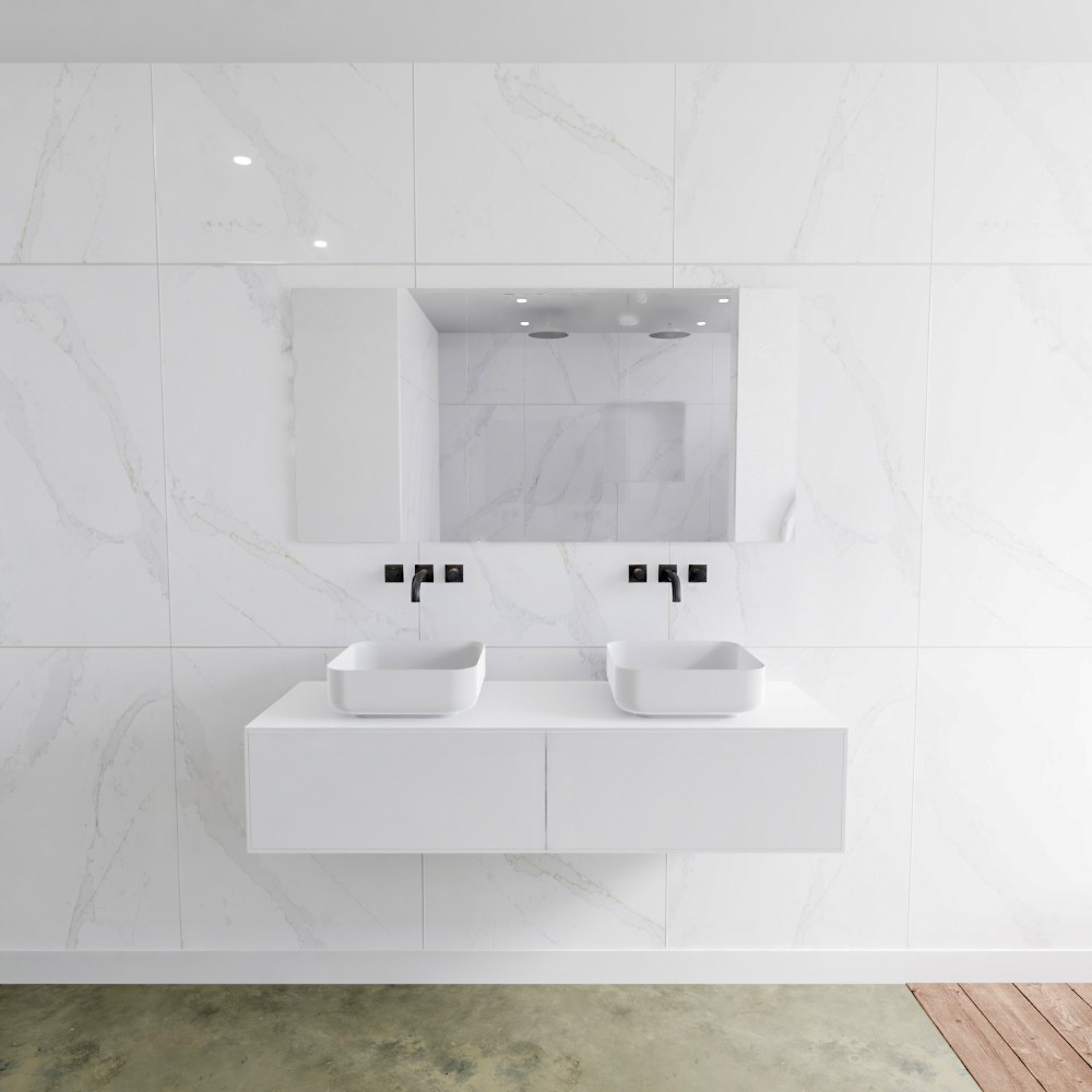 MONDIAZ LAGOM 140cm mueble de baño solid surface Talc 2 cajones BINX Doble sin orificio 2 MONDIAZ LAGOM 140cm mueble de baño solid surface Talc 2 cajones BINX Doble sin orificio - Imagen 2