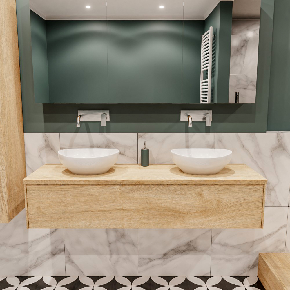 MONDIAZ LUSH 150cm mueble de baño Washed Oak 1 cajón lavabo BARCO Doble sin orificio 2 MONDIAZ LUSH 150cm mueble de baño Washed Oak 1 cajón lavabo BARCO Doble sin orificio - Imagen 2