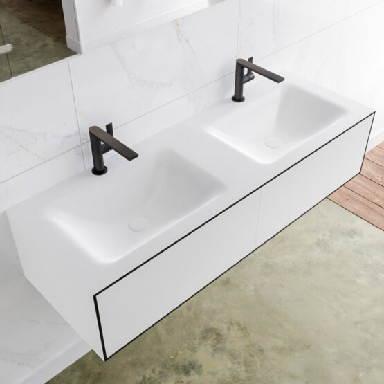 MONDIAZ LAGOM 130cm mueble de baño solid surface Urban 2 cajones lavabo CLOUD Doble 2 orificios