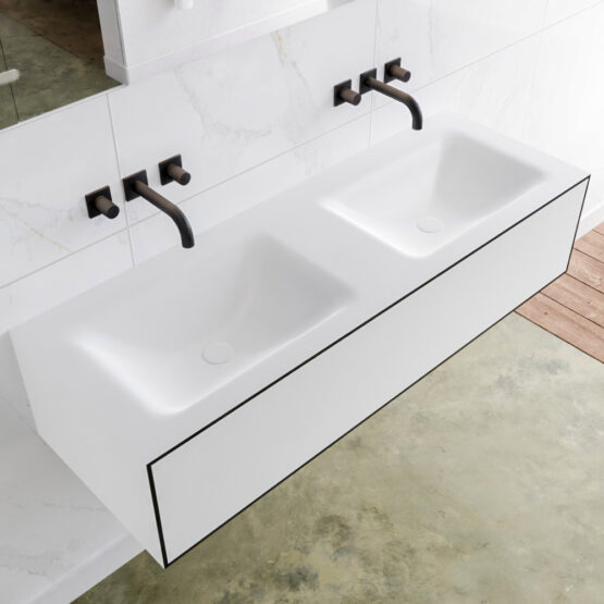 MONDIAZ LAGOM 130cm mueble de baño solid surface Urban 1 cajón lavabo CLOUD Doble sin orificio