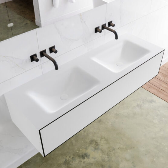 MONDIAZ LAGOM 140cm mueble de baño solid surface Urban 1 cajón lavabo CLOUD Doble sin orificio