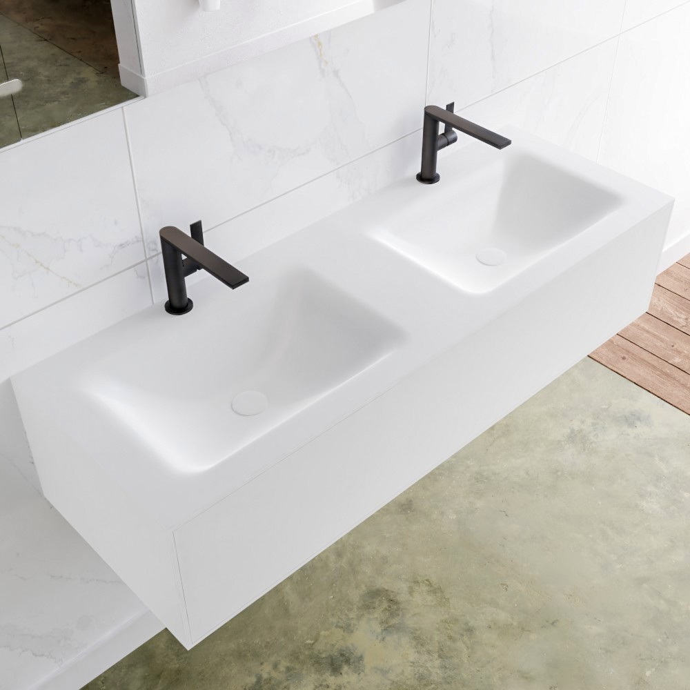 MONDIAZ LAGOM 130cm mueble de baño solid surface Talc 1 cajón lavabo CLOUD Doble 2 orificios 1 MONDIAZ LAGOM 130cm mueble de baño solid surface Talc 1 cajón lavabo CLOUD Doble 2 orificios