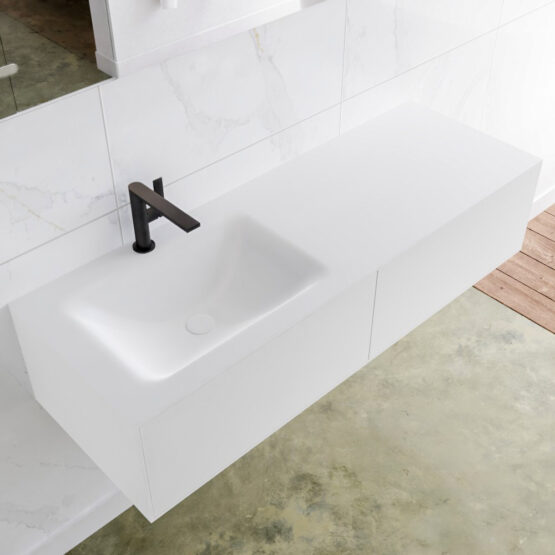 MONDIAZ LAGOM 130cm mueble de baño solid surface Talc 2 cajones lavabo CLOUD Izquierda 1 orificio