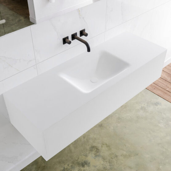 MONDIAZ LAGOM 130cm mueble de baño solid surface Talc 1 cajón lavabo CLOUD Centro sin orificio