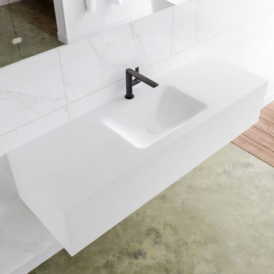 MONDIAZ LAGOM 140cm mueble de baño solid surface Talc 1 cajón lavabo CLOUD Centro 1 orificio