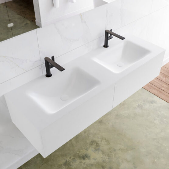 MONDIAZ LAGOM 140cm mueble de baño solid surface Talc 2 cajones lavabo CLOUD Doble 2 orificios