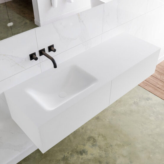 MONDIAZ LAGOM 140cm mueble de baño solid surface Talc 2 cajones lavabo CLOUD Izquierda sin orificio