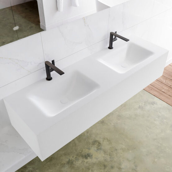 MONDIAZ LAGOM 150cm mueble de baño solid surface Talc 1 cajón lavabo CLOUD Doble 2 orificios