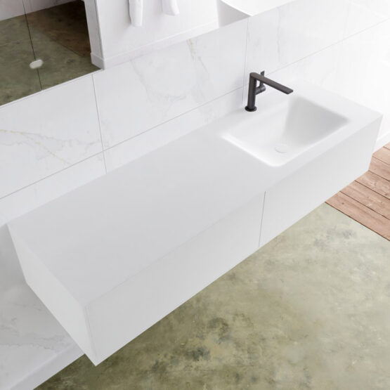 MONDIAZ LAGOM 150cm mueble de baño solid surface Talc 2 cajones lavabo CLOUD Derecho 1 orificio