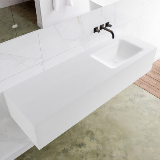 MONDIAZ LAGOM 150cm mueble de baño solid surface Talc 1 cajón lavabo CLOUD Derecho sin orificio