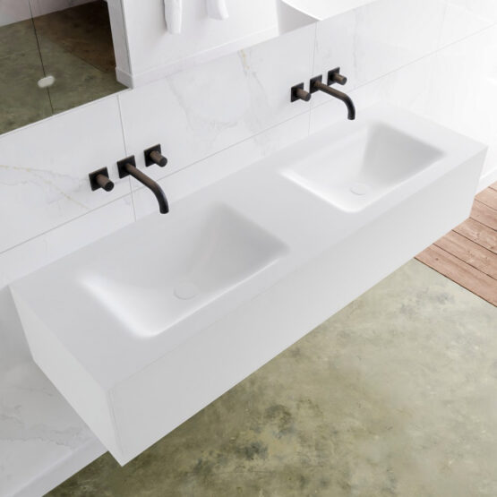 MONDIAZ LAGOM 150cm mueble de baño solid surface Talc 1 cajón lavabo CLOUD Doble sin orificio