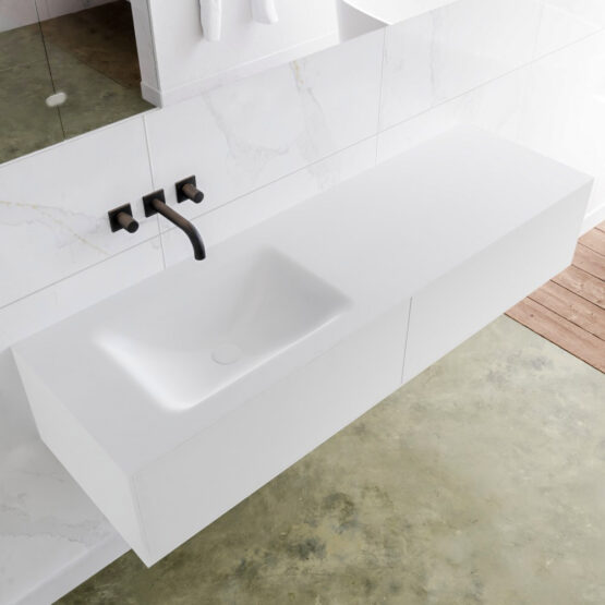 MONDIAZ LAGOM 150cm mueble de baño solid surface Talc 2 cajones lavabo CLOUD Izquierda sin orificio