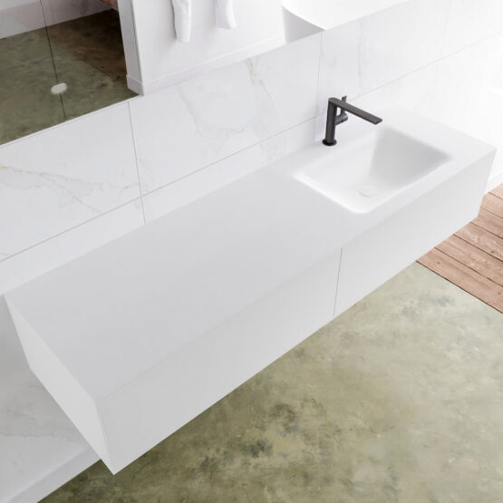 MONDIAZ LAGOM 160cm mueble de baño solid surface Talc 2 cajones lavabo CLOUD Derecho 1 orificio