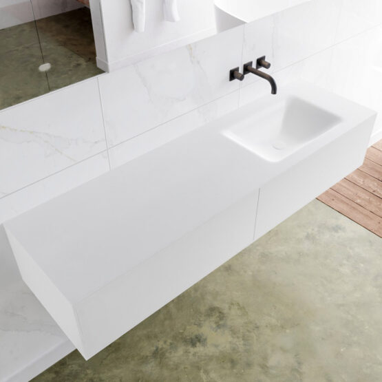 MONDIAZ LAGOM 160cm mueble de baño solid surface Talc 2 cajones lavabo CLOUD Derecho sin orificio