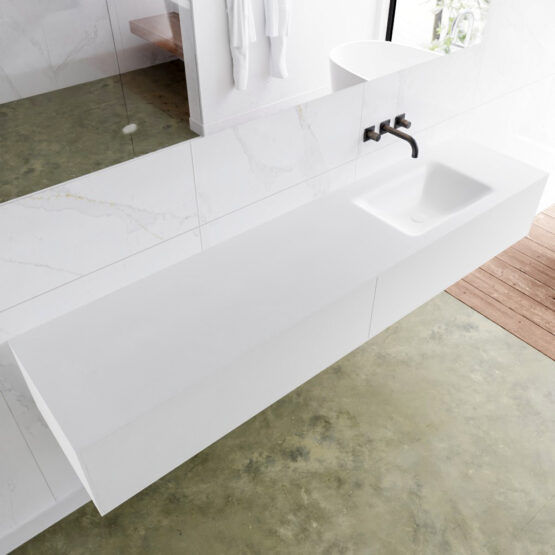 MONDIAZ LAGOM 200cm mueble de baño solid surface Talc 2 cajones lavabo CLOUD Derecho sin orificio