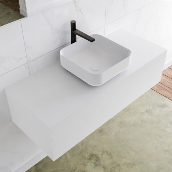 MONDIAZ LAGOM 110cm mueble de baño solid surface Talc 1 cajón BINX Centro 1 orificio