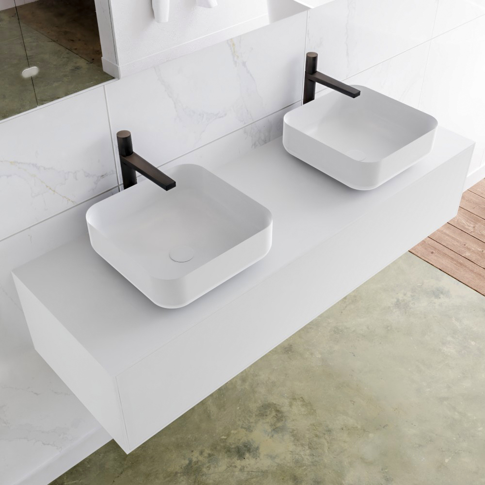 MONDIAZ LAGOM 140cm mueble de baño solid surface Talc 1 cajón BINX Doble 2 orificios 1 MONDIAZ LAGOM 140cm mueble de baño solid surface Talc 1 cajón BINX Doble 2 orificios