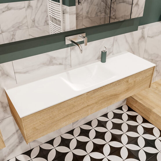 MONDIAZ LUSH 150cm mueble de baño Washed Oak 1 cajón lavabo CLOUD Centro sin orificio