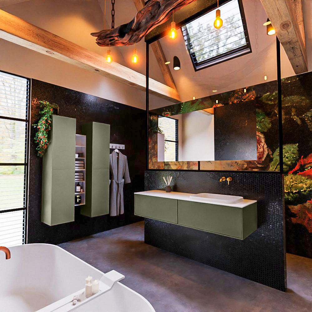 MONDIAZ ERIN 150cm mueble de baño color Army 2 cajones. Lavabo RIDGE Derecho sin orificio color Talc. 2 MONDIAZ ERIN 150cm mueble de baño color Army 2 cajones. Lavabo RIDGE Derecho sin orificio color Talc. - Imagen 2