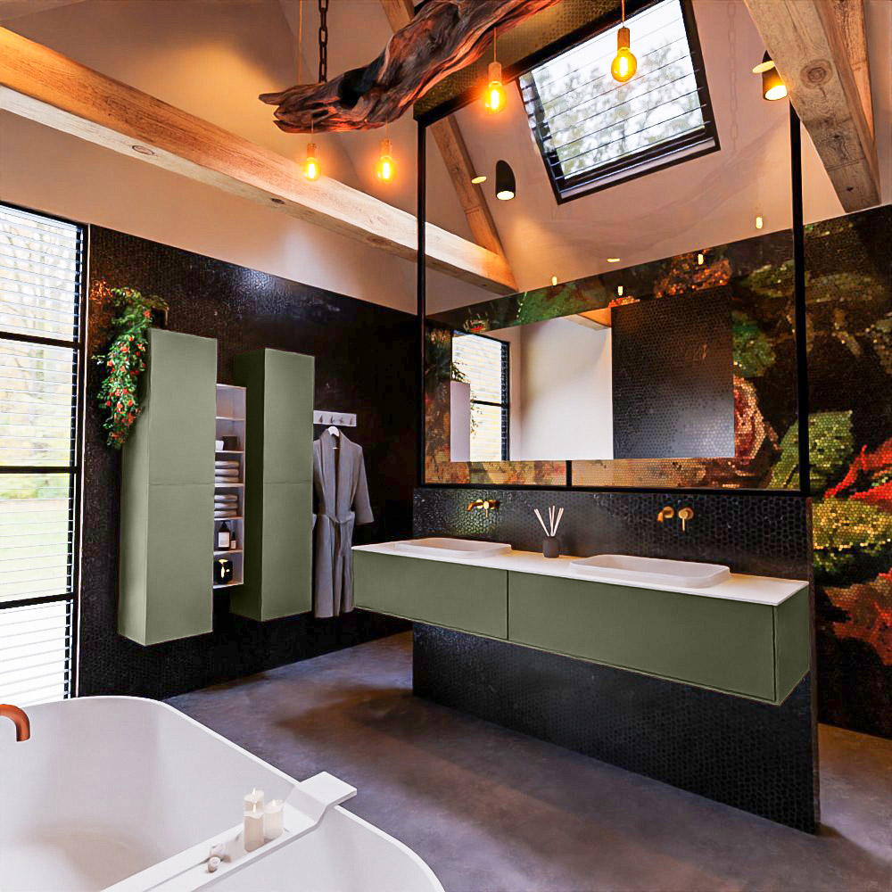MONDIAZ ERIN 200cm mueble de baño color Army 2 cajones. Lavabo RIDGE Doble sin orificio color Talc. 2 MONDIAZ ERIN 200cm mueble de baño color Army 2 cajones. Lavabo RIDGE Doble sin orificio color Talc. - Imagen 2