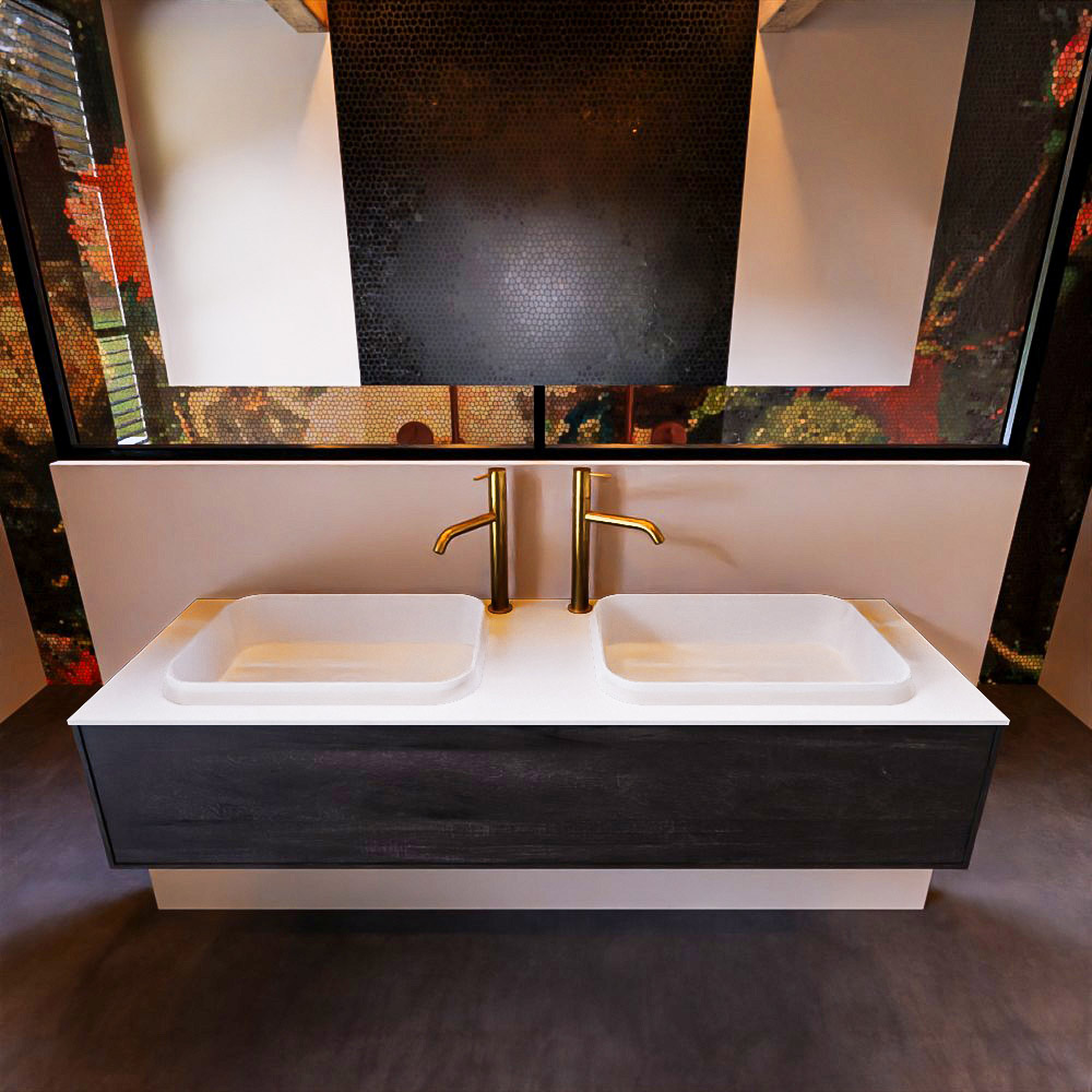 MONDIAZ ERIN 150cm mueble de baño color Dark Brown 1 cajón. Lavabo RIDGE Doble 2 orificios color Talc. 3 MONDIAZ ERIN 150cm mueble de baño color Dark Brown 1 cajón. Lavabo RIDGE Doble 2 orificios color Talc. - Imagen 3